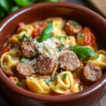 Close-up of one pot sausage and tortellini with bright, natural lighting and minimal background.