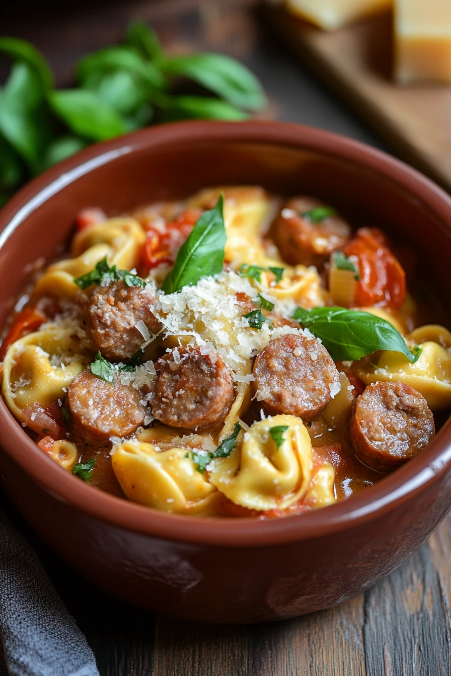 Close-up of one pot sausage and tortellini with bright, natural lighting and minimal background.