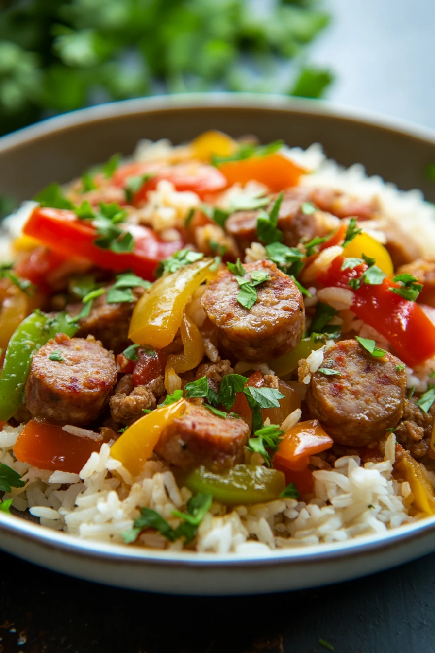 Close-up of one pot sausage peppers and rice with vibrant colors and fresh ingredients.