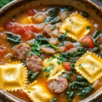 Close-up of a creamy one pot sausage ravioli soup with herbs and pasta.