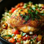 Close-up of one skillet chicken and rice with herbs in a pan