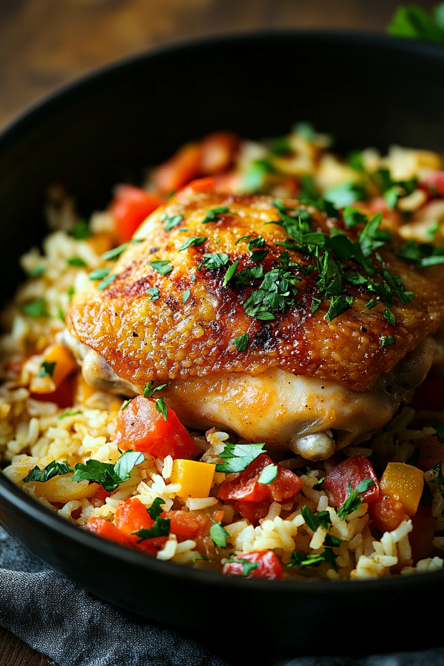 Close-up of one skillet chicken and rice with herbs in a pan