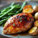 Close-up of peach glazed chicken breast dinner with a warm, appetizing appearance.