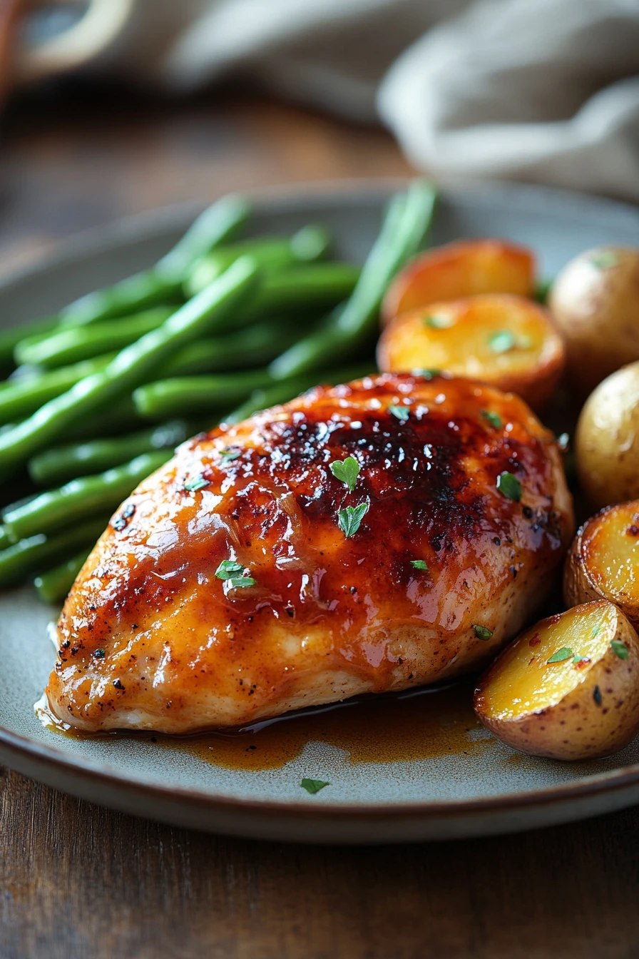 Close-up of peach glazed chicken breast dinner with a warm, appetizing appearance.
