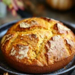 Close-up of pumpkin bread in a Dutch oven with a golden crust