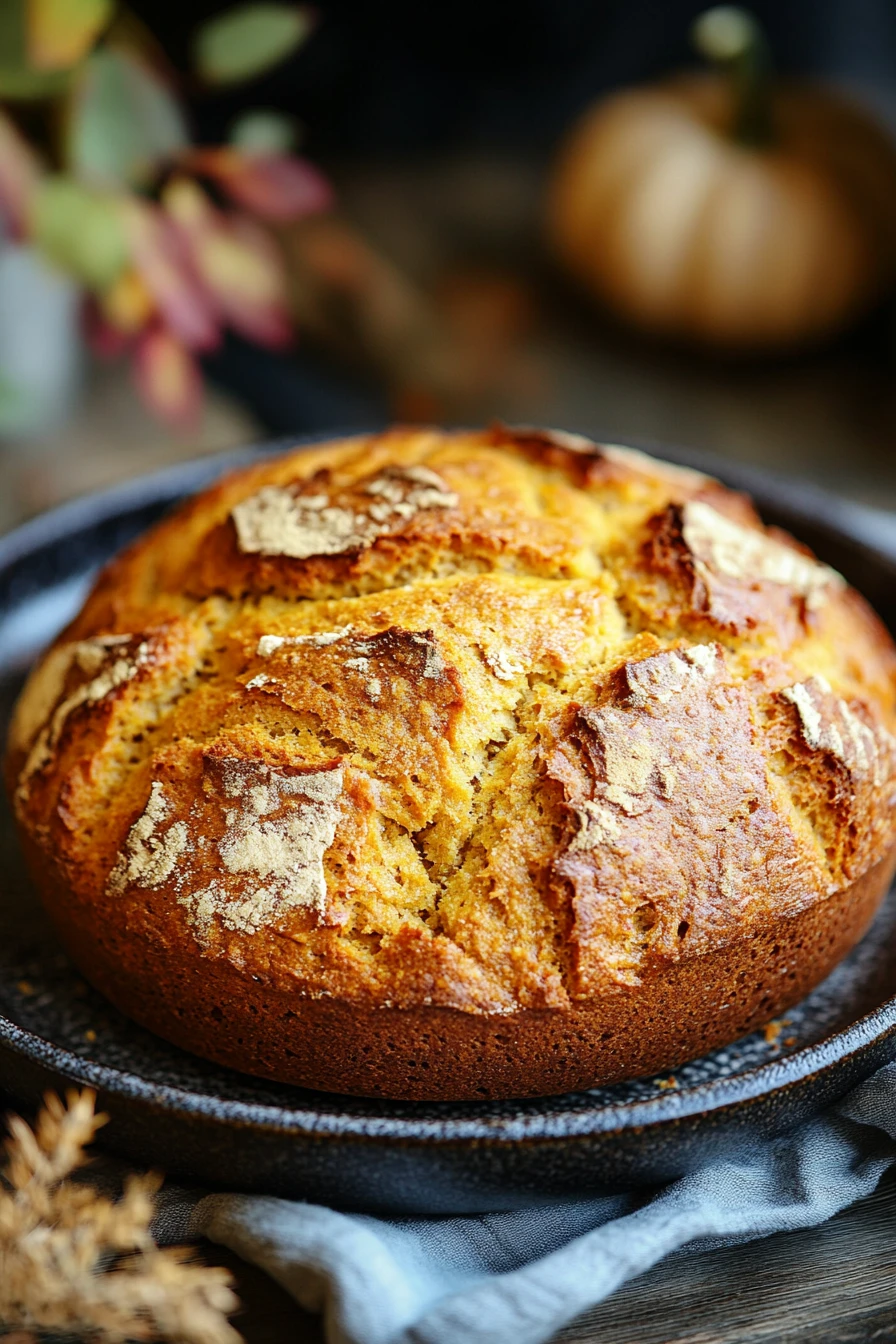 Close-up of pumpkin bread in a Dutch oven with a golden crust