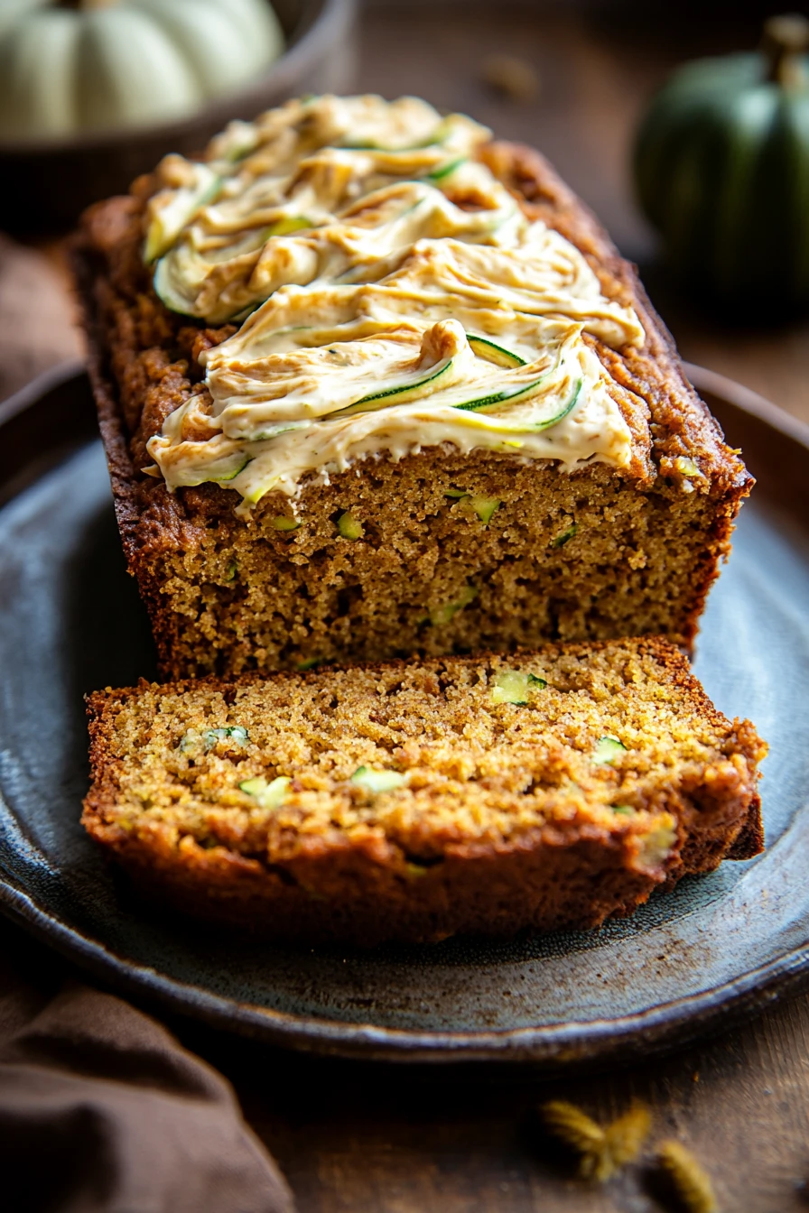 Close-up of pumpkin cream cheese zucchini bread with a golden crust and creamy texture.