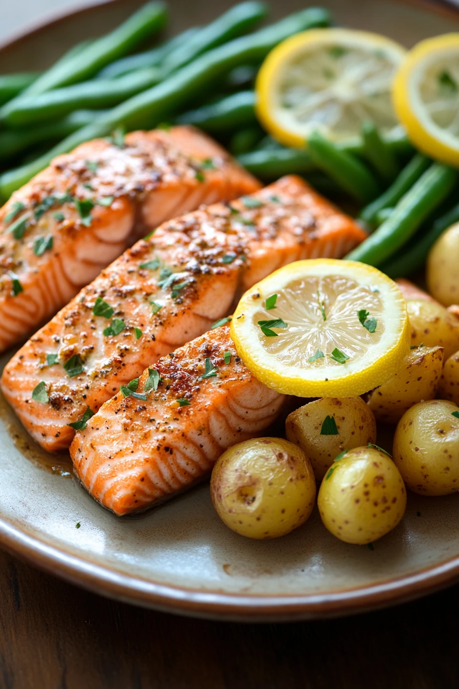 Close-up of a salmon dinner with vegetables, perfect for a family meal.