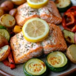 Oven baked salmon dinner with lemon slices and herbs on a white plate