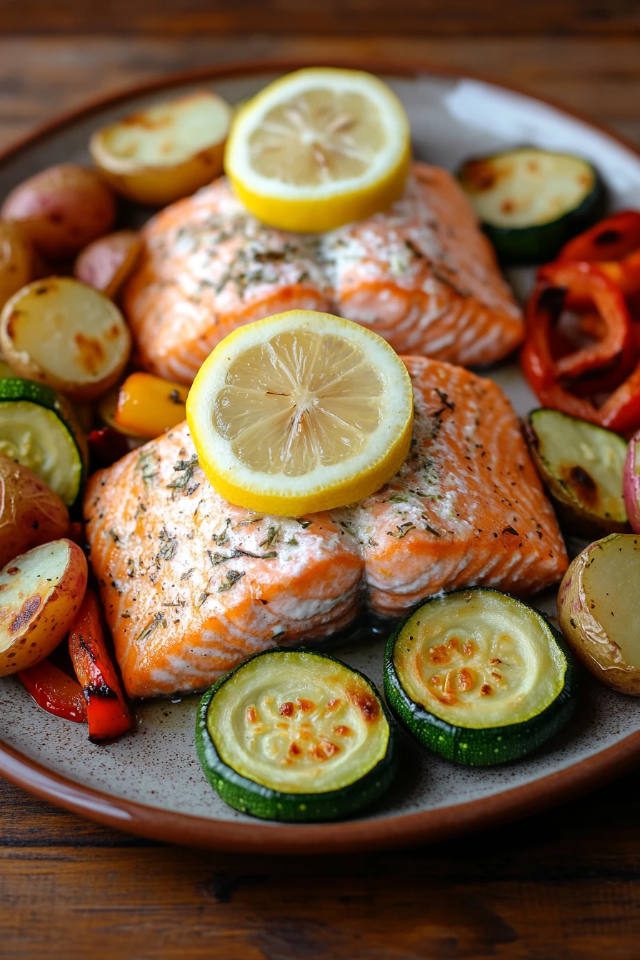 Oven baked salmon dinner with lemon slices and herbs on a white plate