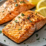 Close-up of perfectly cooked salmon on air fryer with crispy skin and herbs