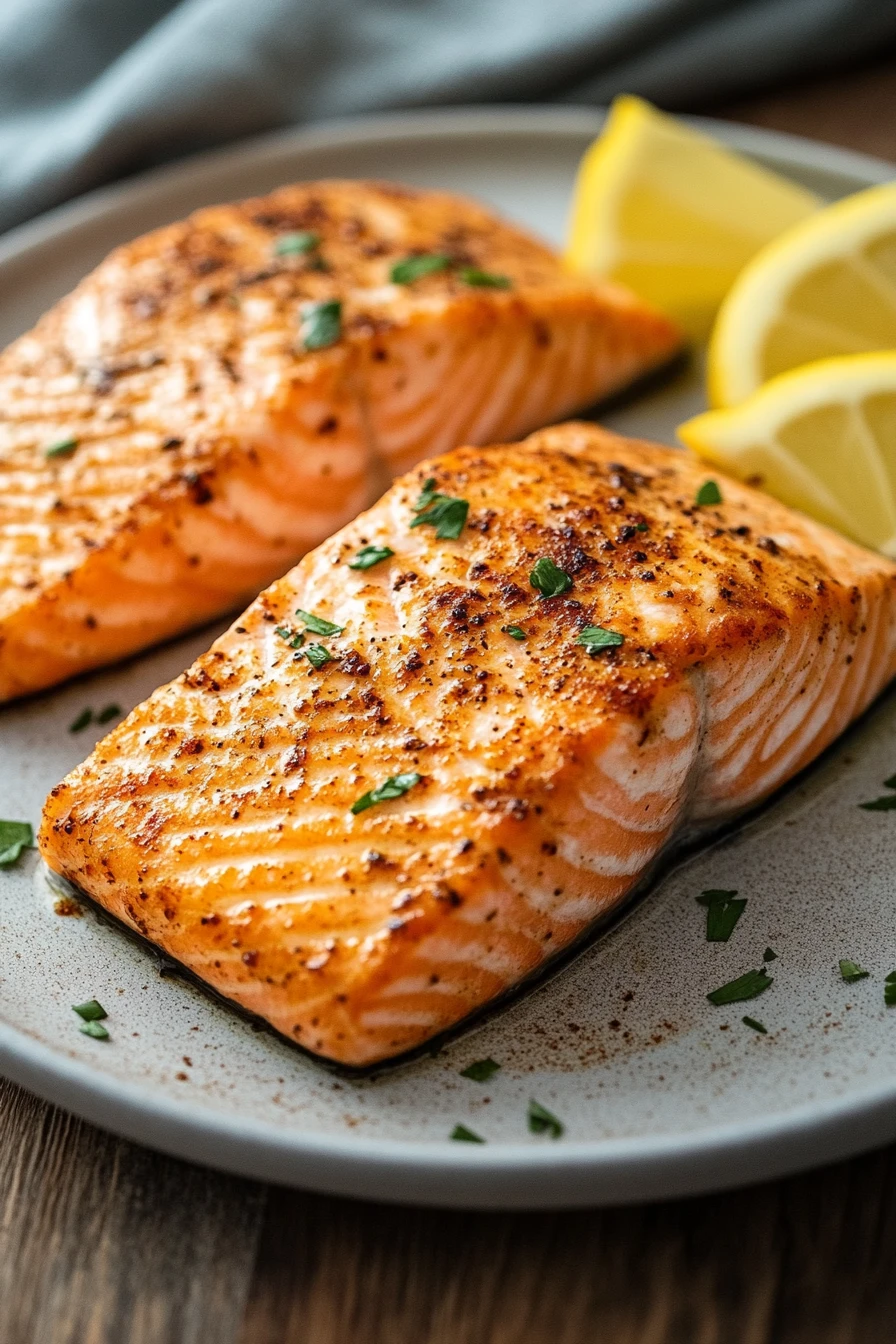 Close-up of perfectly cooked salmon on air fryer with crispy skin and herbs