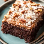 Close-up of a German chocolate sheet cake with rich frosting and a clean background.
