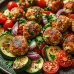 Sheet pan chicken meatballs and vegetables with bright colors and clean presentation