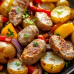 Close-up of a sheet pan chicken sausage dinner with roasted vegetables.