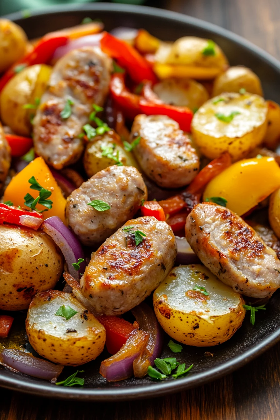 Close-up of a sheet pan chicken sausage dinner with roasted vegetables.