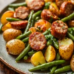 Sheet pan chicken sausage with green beans and potatoes in a bright, appetizing close-up.