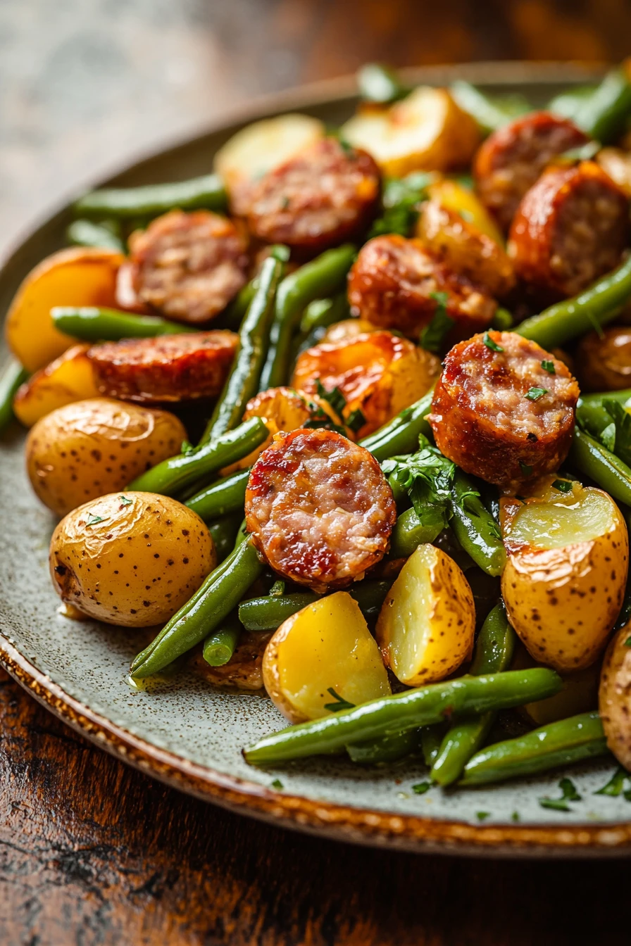 Sheet pan chicken sausage with green beans and potatoes in a bright, appetizing close-up.