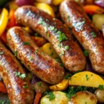 Sheet pan with chicken sausage links and colorful veggies, roasted to perfection.