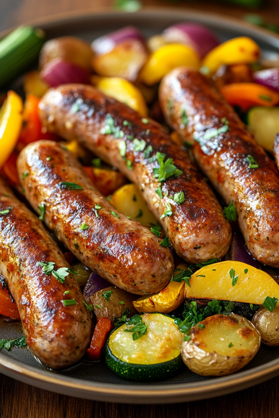 Sheet pan with chicken sausage links and colorful veggies, roasted to perfection.