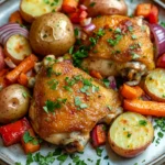 Close-up of sheet pan chicken thighs with roasted vegetables, bright and appetizing.