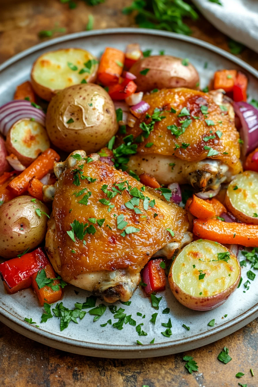 Close-up of sheet pan chicken thighs with roasted vegetables, bright and appetizing.