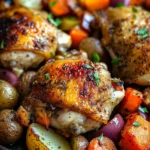 Sheet pan dinner with chicken, roasted vegetables, and herbs on a baking tray