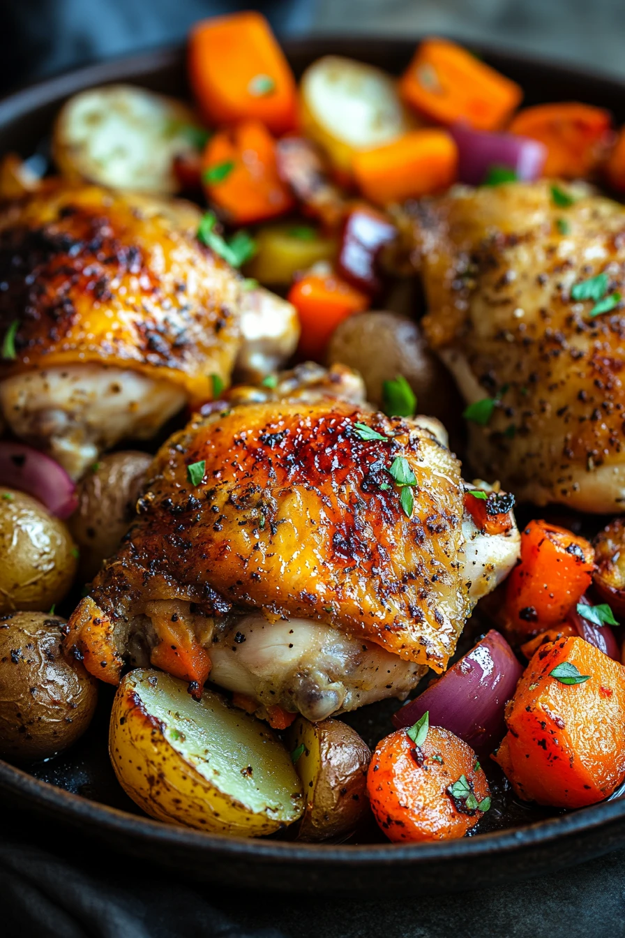 Sheet pan dinner with chicken, roasted vegetables, and herbs on a baking tray