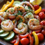 Close-up of sheet pan garlic shrimp and veggies with bright colors and appetizing presentation.