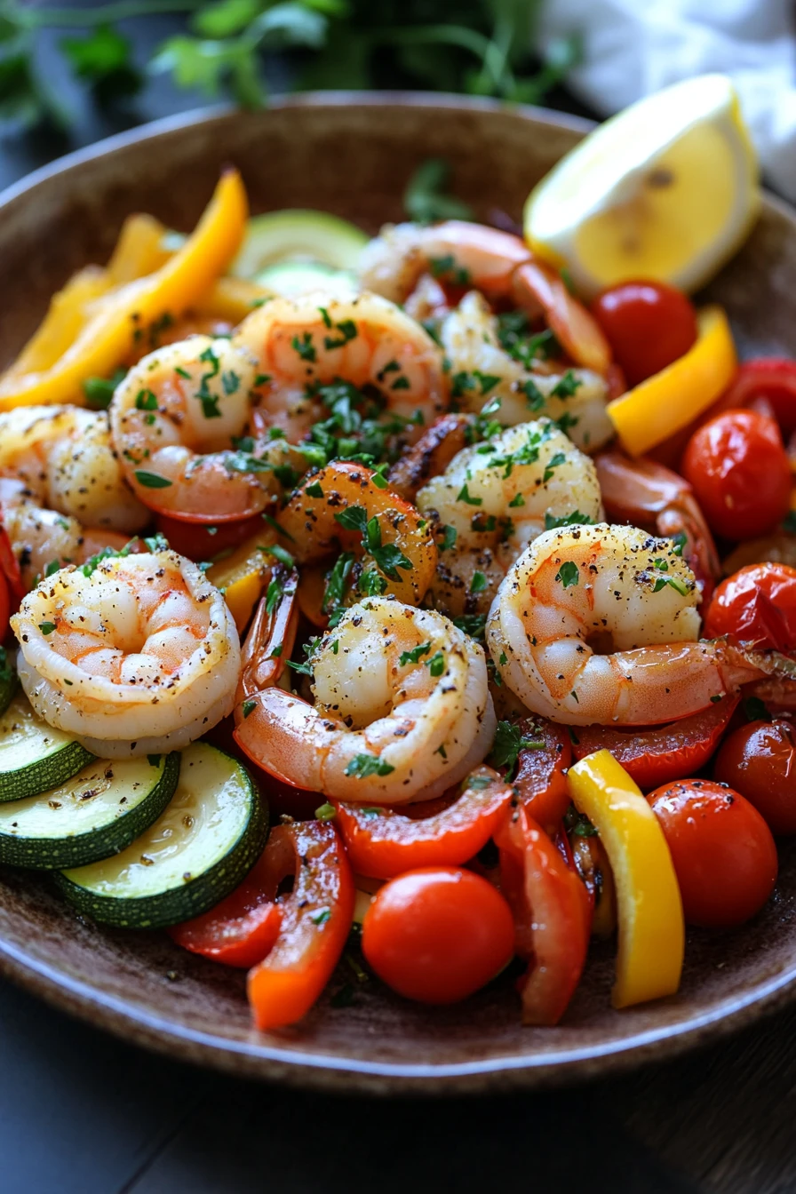 Close-up of sheet pan garlic shrimp and veggies with bright colors and appetizing presentation.