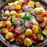 Sheet pan gnocchi with chicken sausage in a bright, appetizing close-up