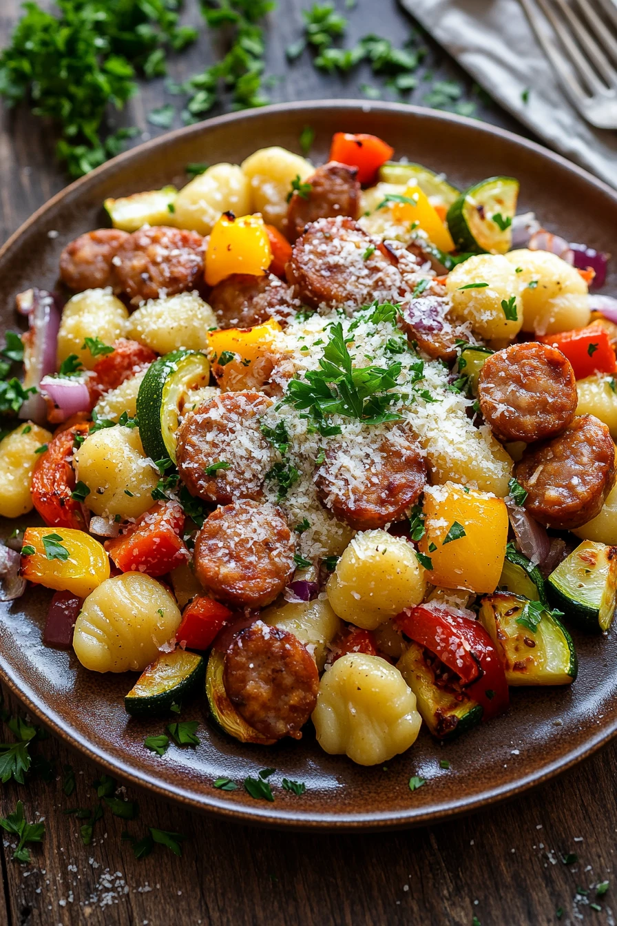 Sheet pan gnocchi with chicken sausage in a bright, appetizing close-up
