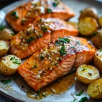 Sheet pan honey mustard salmon with caesar roasted potatoes on a white plate