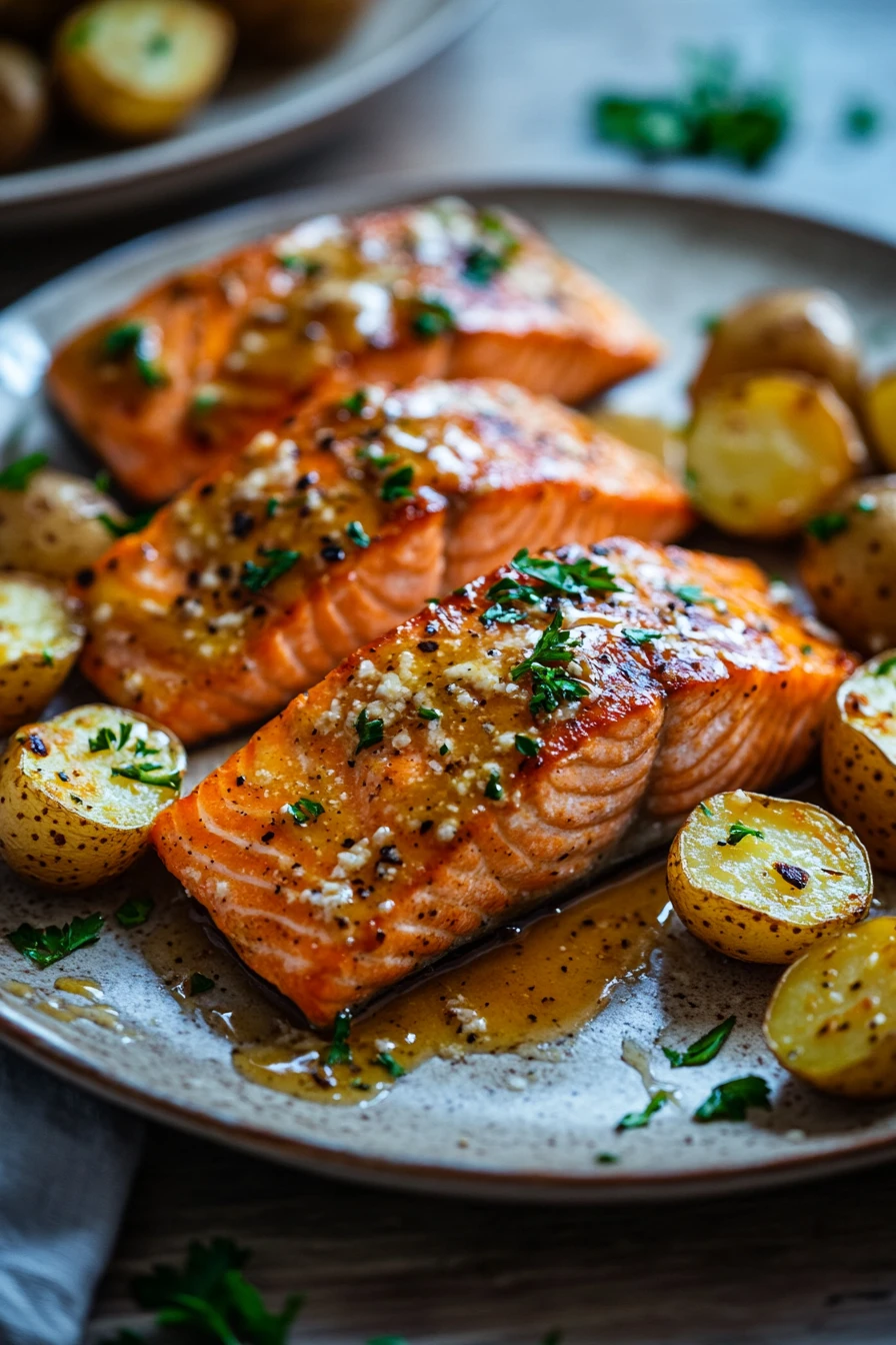 Sheet pan honey mustard salmon with caesar roasted potatoes on a white plate