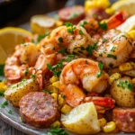 Close-up of a vibrant sheet pan shrimp boil with corn and shrimp