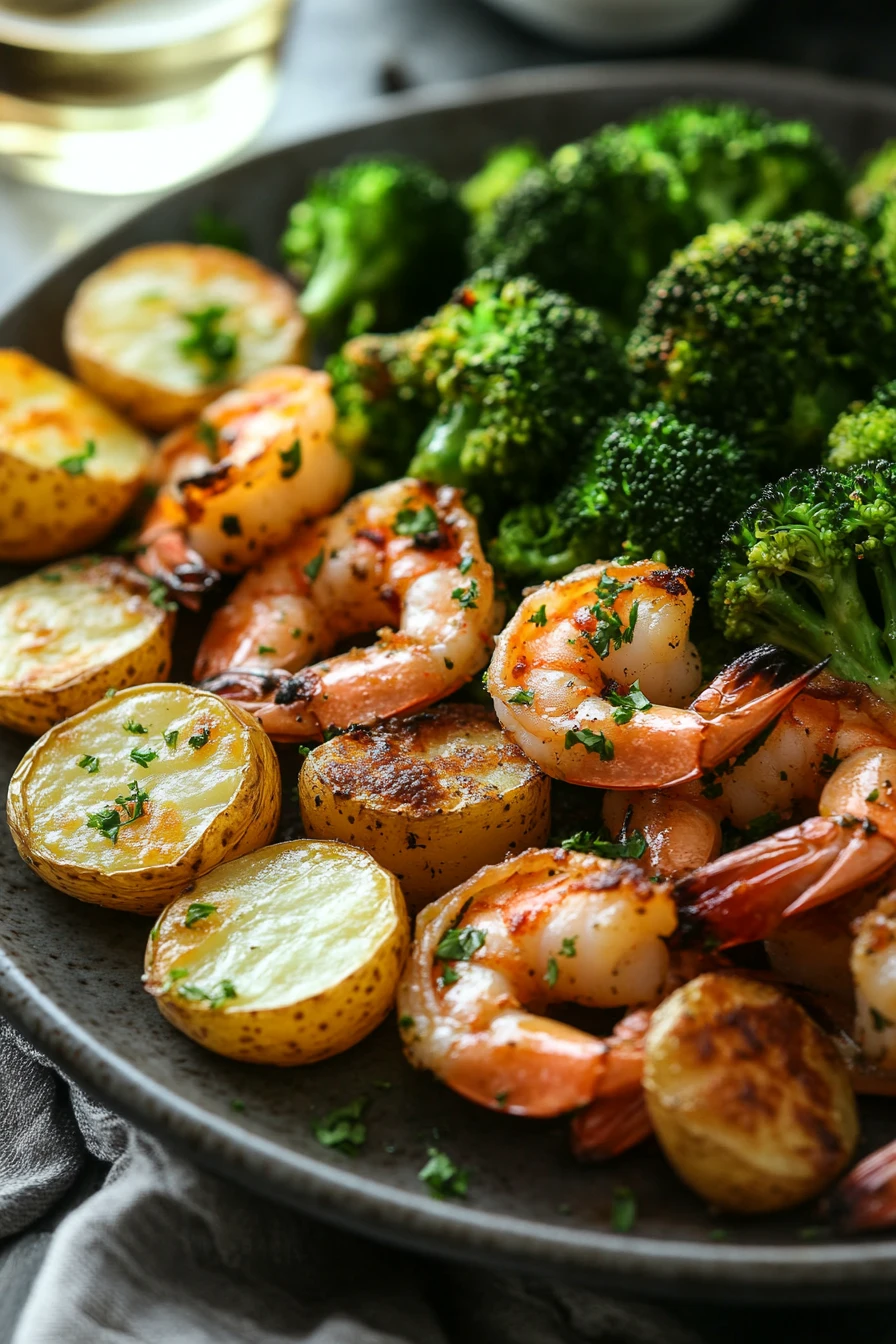 Close-up of sheet pan shrimp with broccoli and potatoes, brightly lit and appetizing.