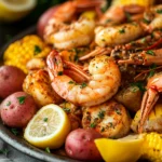 Close-up of a sheet pan shrimp crab boil with corn and potatoes
