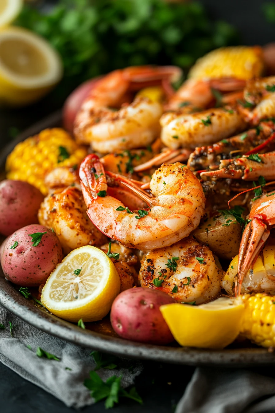 Close-up of a sheet pan shrimp crab boil with corn and potatoes
