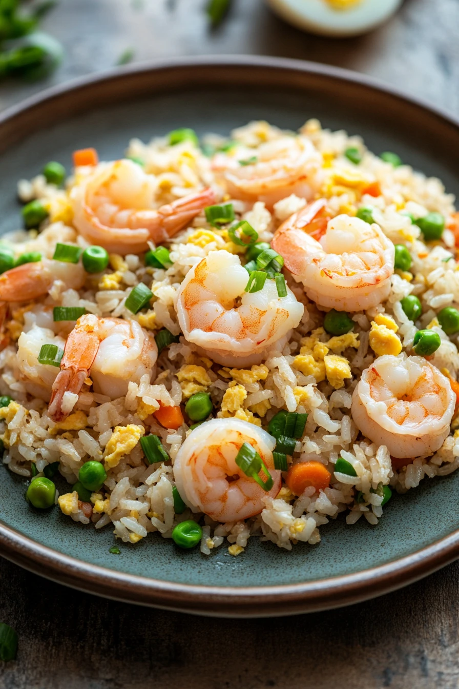 Close-up of sheet pan shrimp fried rice with vibrant vegetables and shrimp