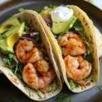 Close-up of sheet pan shrimp tacos with fresh toppings and lime wedges