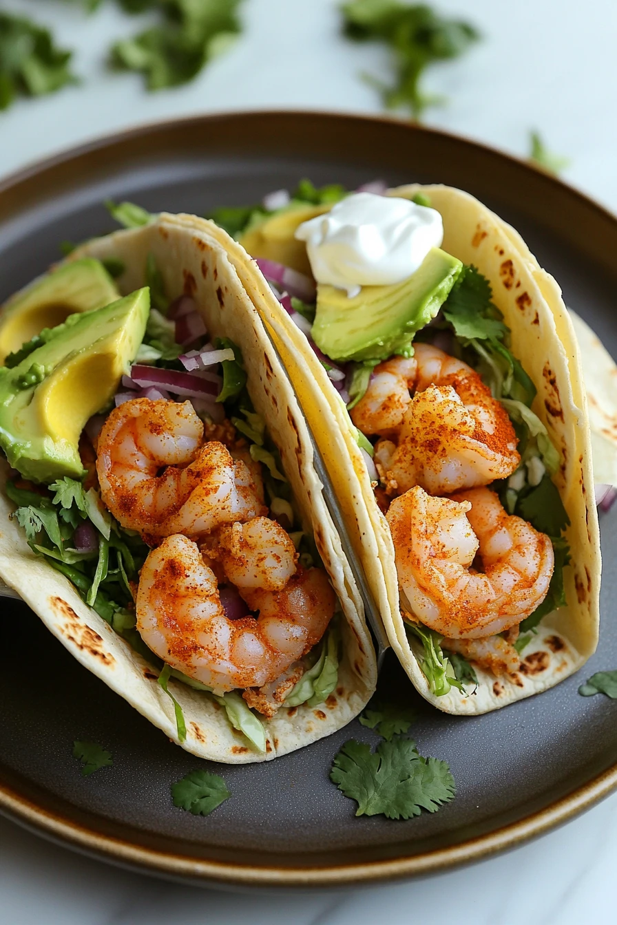 Close-up of sheet pan shrimp tacos with fresh toppings and lime wedges