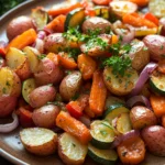 Close-up of roasted sheet pan vegetables and potatoes with herbs on a clean background.