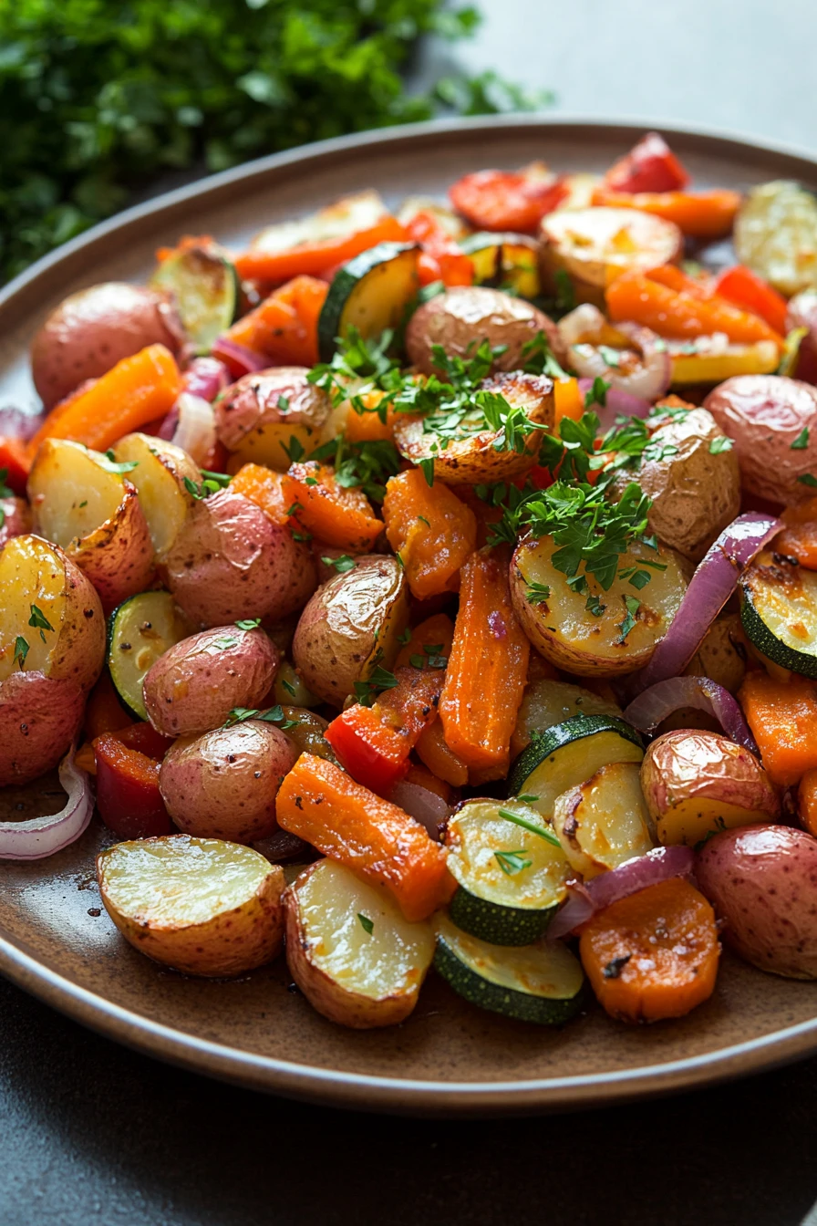 Close-up of roasted sheet pan vegetables and potatoes with herbs on a clean background.