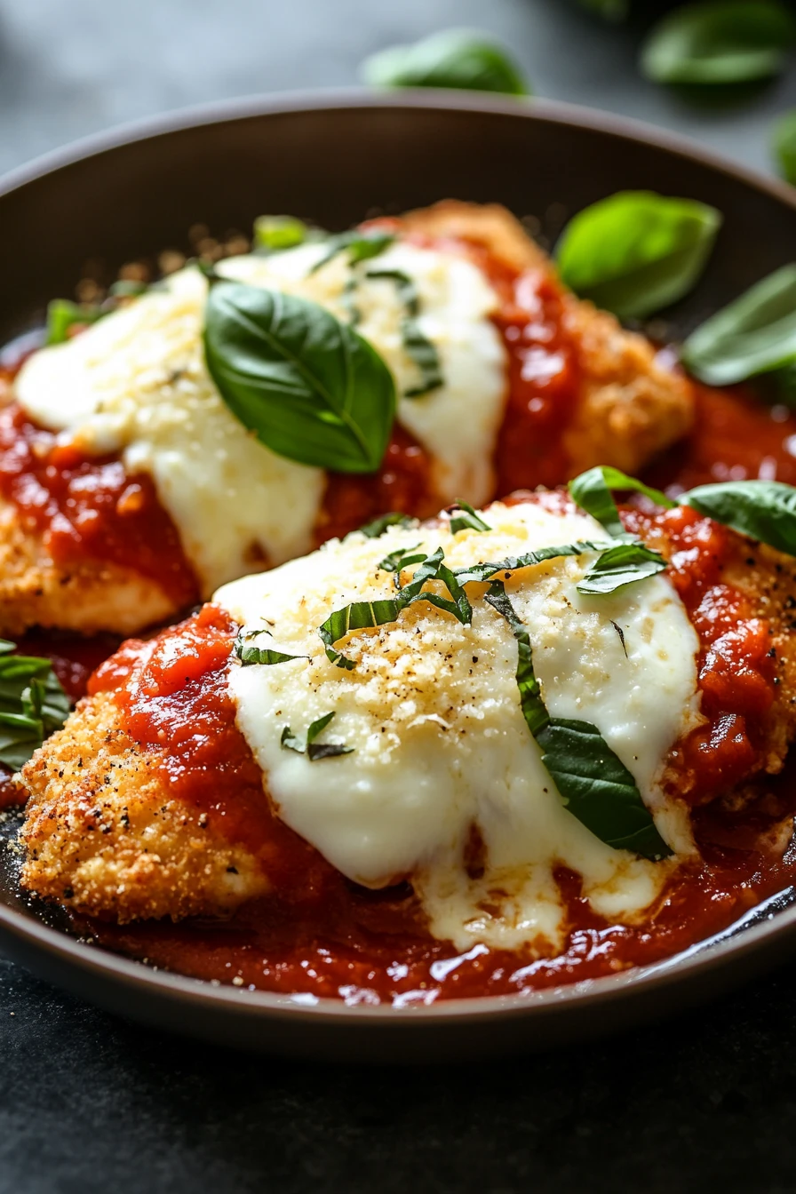Close-up of skillet chicken parmesan with melted cheese and tomato sauce in a pan