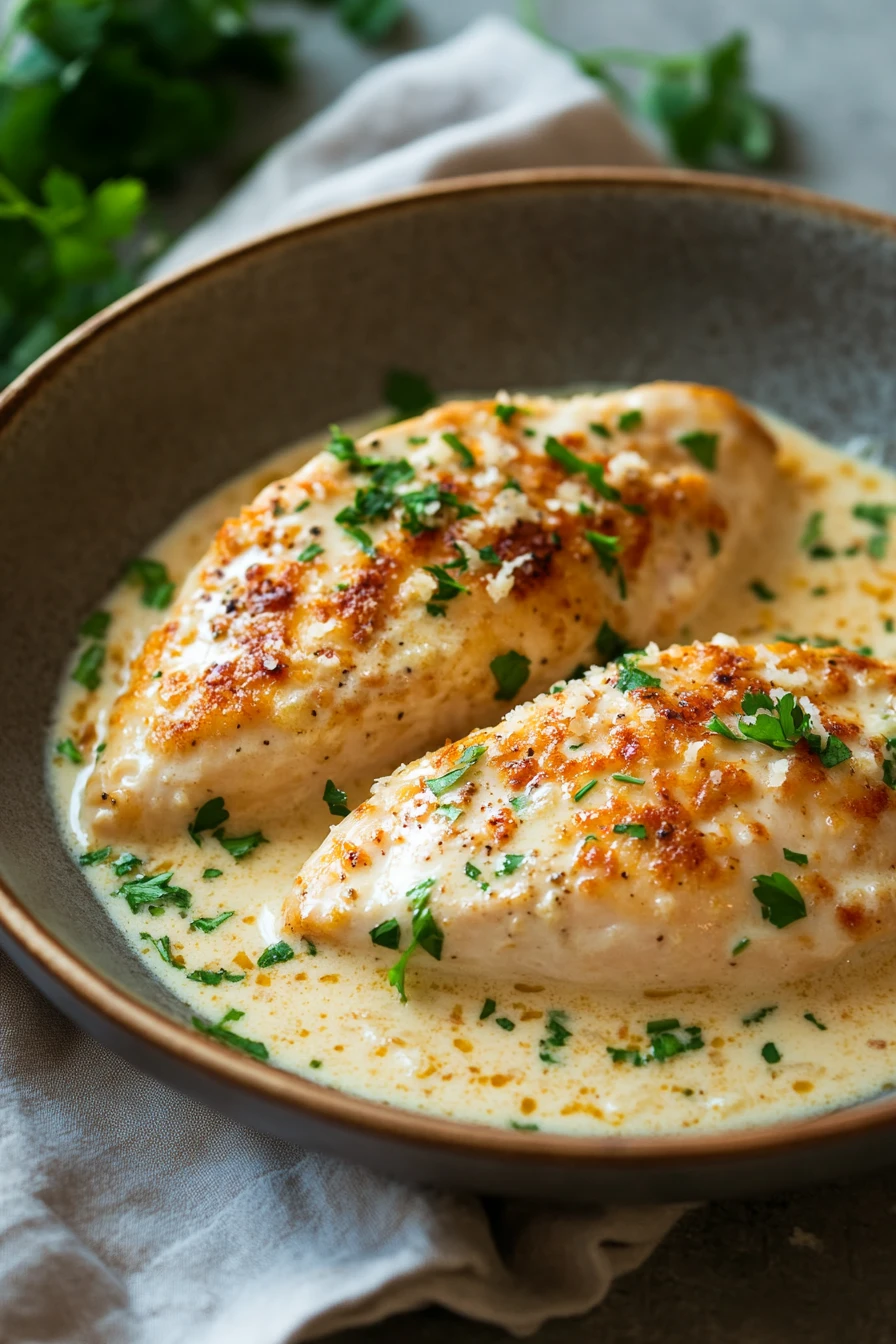 Close-up of skillet creamy chicken with a golden sauce and herbs