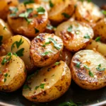 Close-up of skillet garlic butter potatoes with golden crispy edges and fresh herbs.