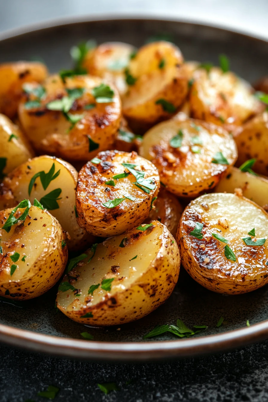 Close-up of skillet garlic butter potatoes with golden crispy edges and fresh herbs.