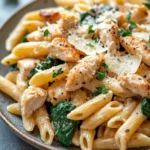 Close-up of skillet garlic parmesan chicken pasta with creamy sauce and herbs