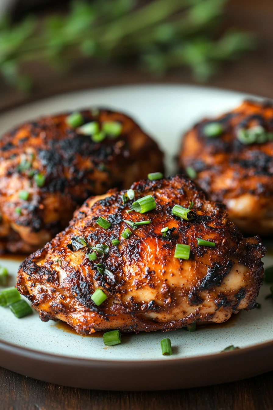 Close-up of skillet jerk chicken with creamy sauce and herbs