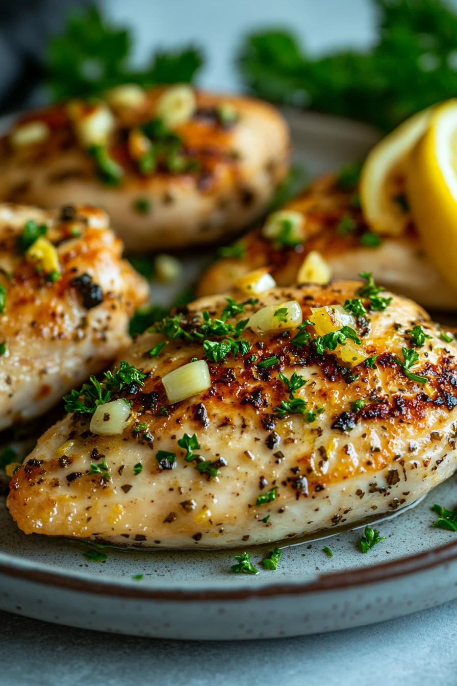 Close-up of skillet lemon garlic chicken with bright natural lighting